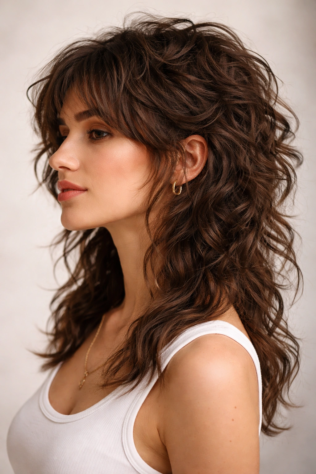 12 Curly Mullet Cuts With Serious Texture And Body 6 Profile view of wavy layers mullet with face-framing layers and longer back layers.