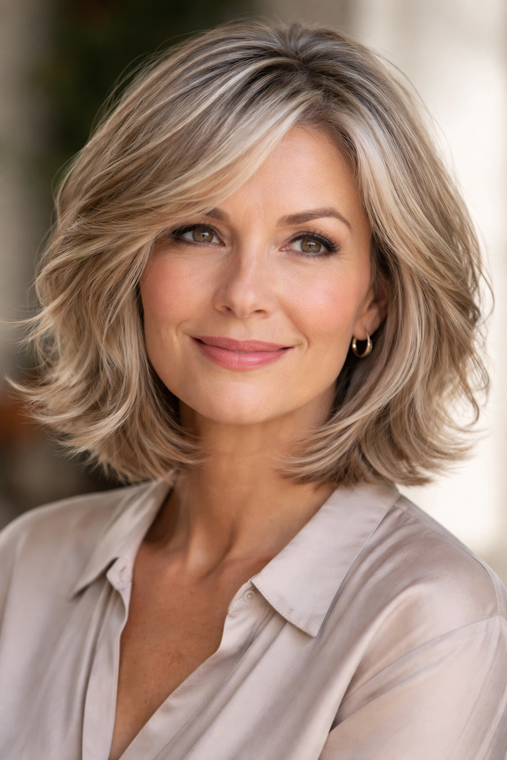 12 Chin Length Hairstyles For Women Over 50 6 Wavy lob with feathered layers creating a soft, textured edge.