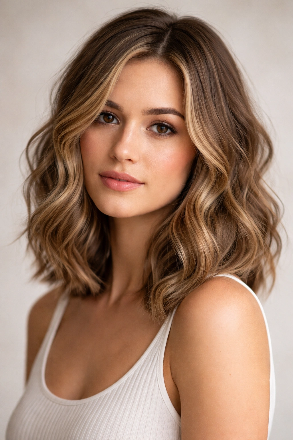 Portrait of a wavy lob with shoulder-to-chin length and soft waves