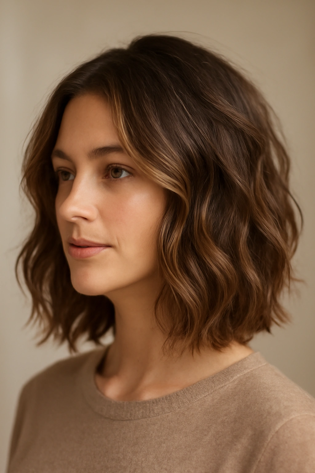 12 Short Haircuts Shaped For A Diamond Face 5 Close shot of The Wavy Lob with Subtle Layers displaying loose waves and crown texture.