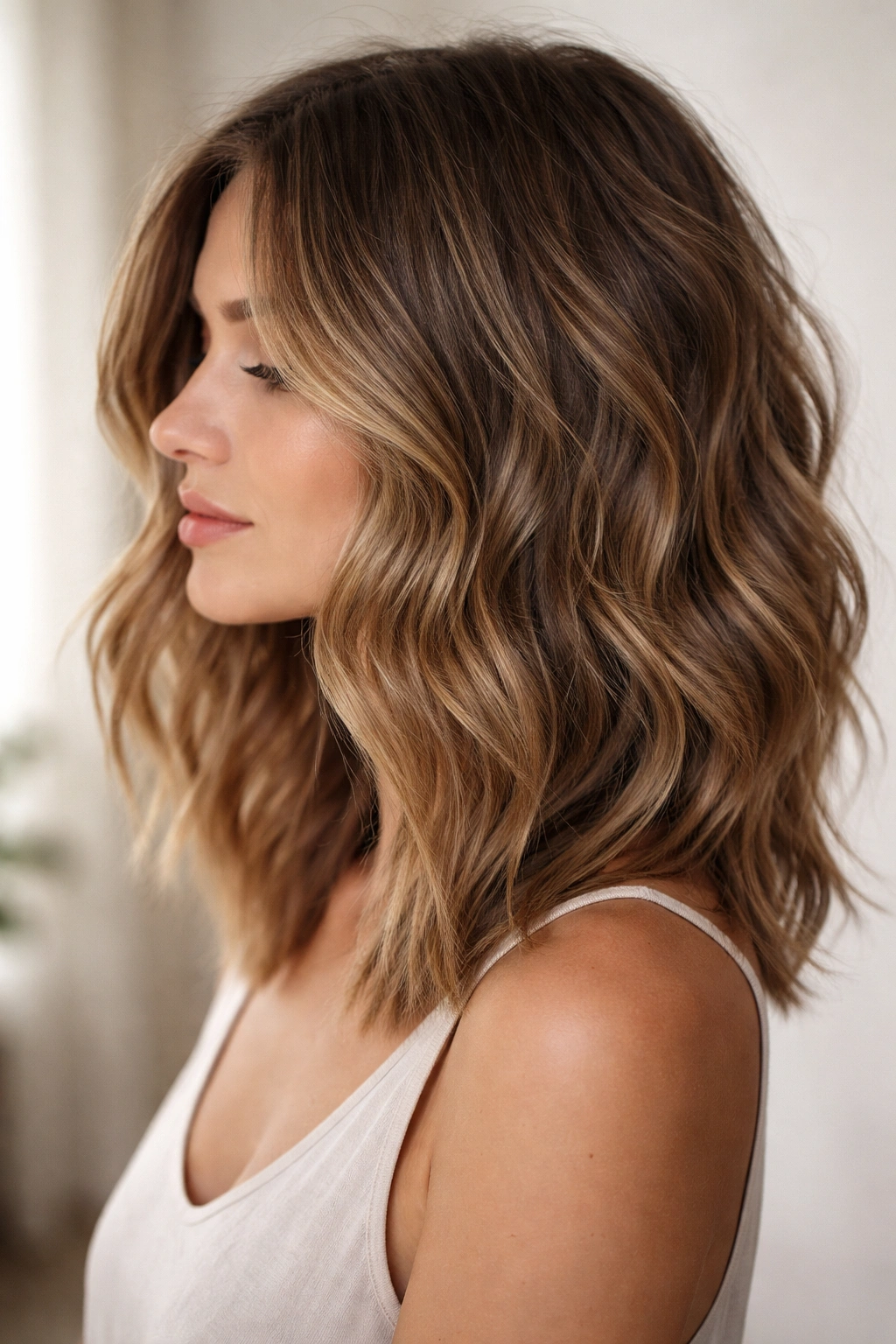 Close-up of a textured wavy lob with mid-chest length, showing layered movement
