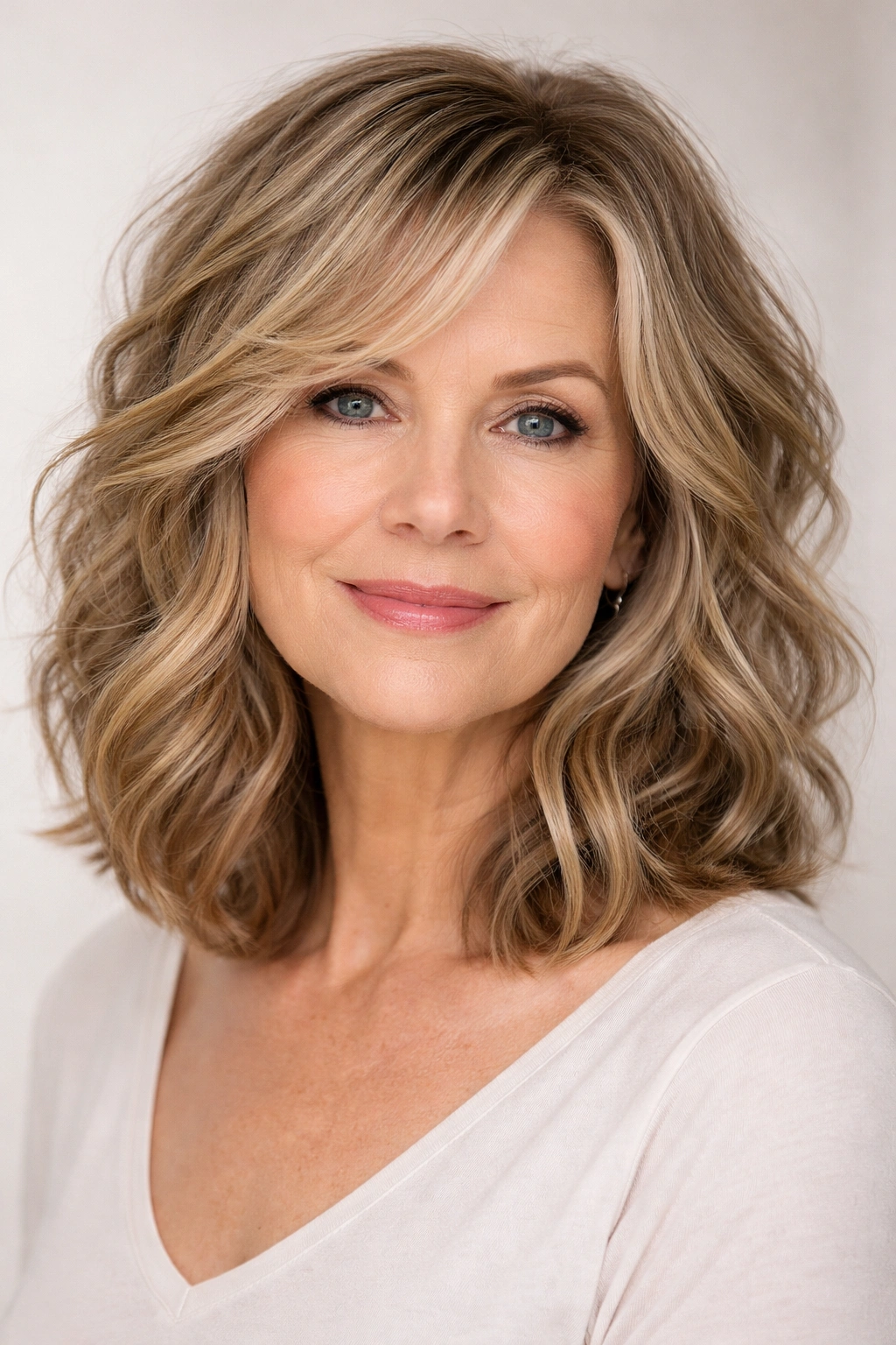 Close-up of a shoulder-length wavy lob with textured layers and balayage highlights