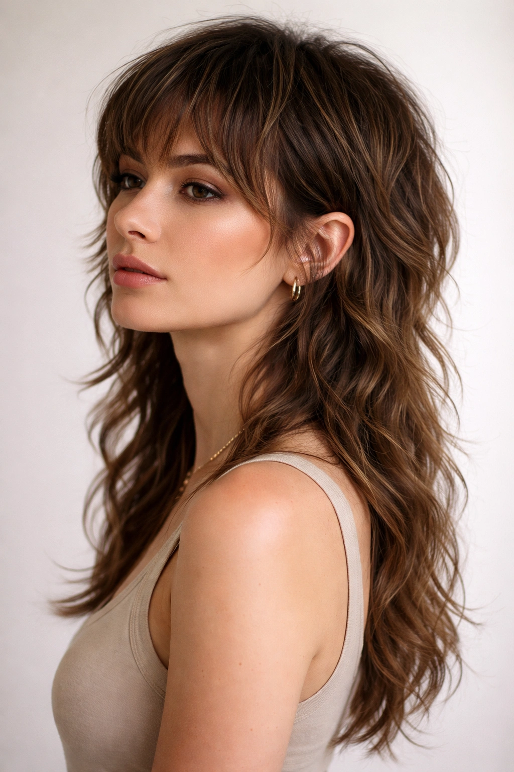 Portrait of a person with short textured front and long wavy back mullet