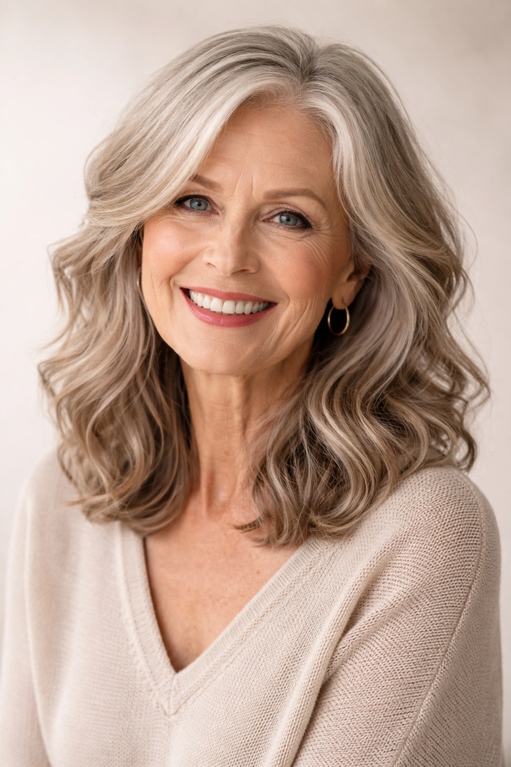 Wavy medium-length cut with chin-to-shoulder length and natural waves