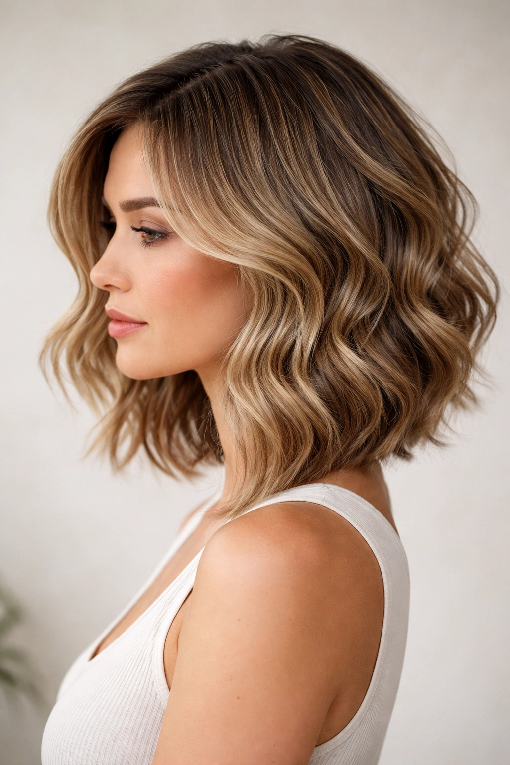 Portrait of a wavy mid-length stacked bob with gentle waves and back volume.