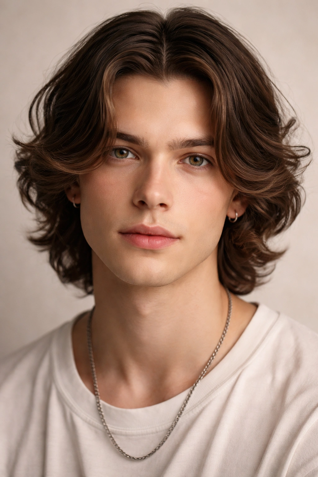 Male model with wavy middle part hairstyle