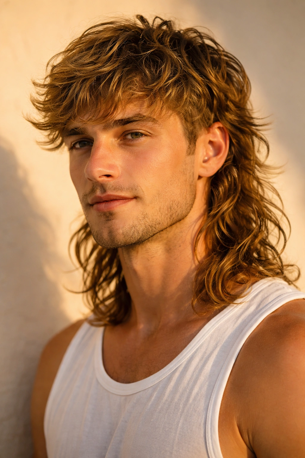 Portrait of a person with a wavy surfer mullet and beachy waves