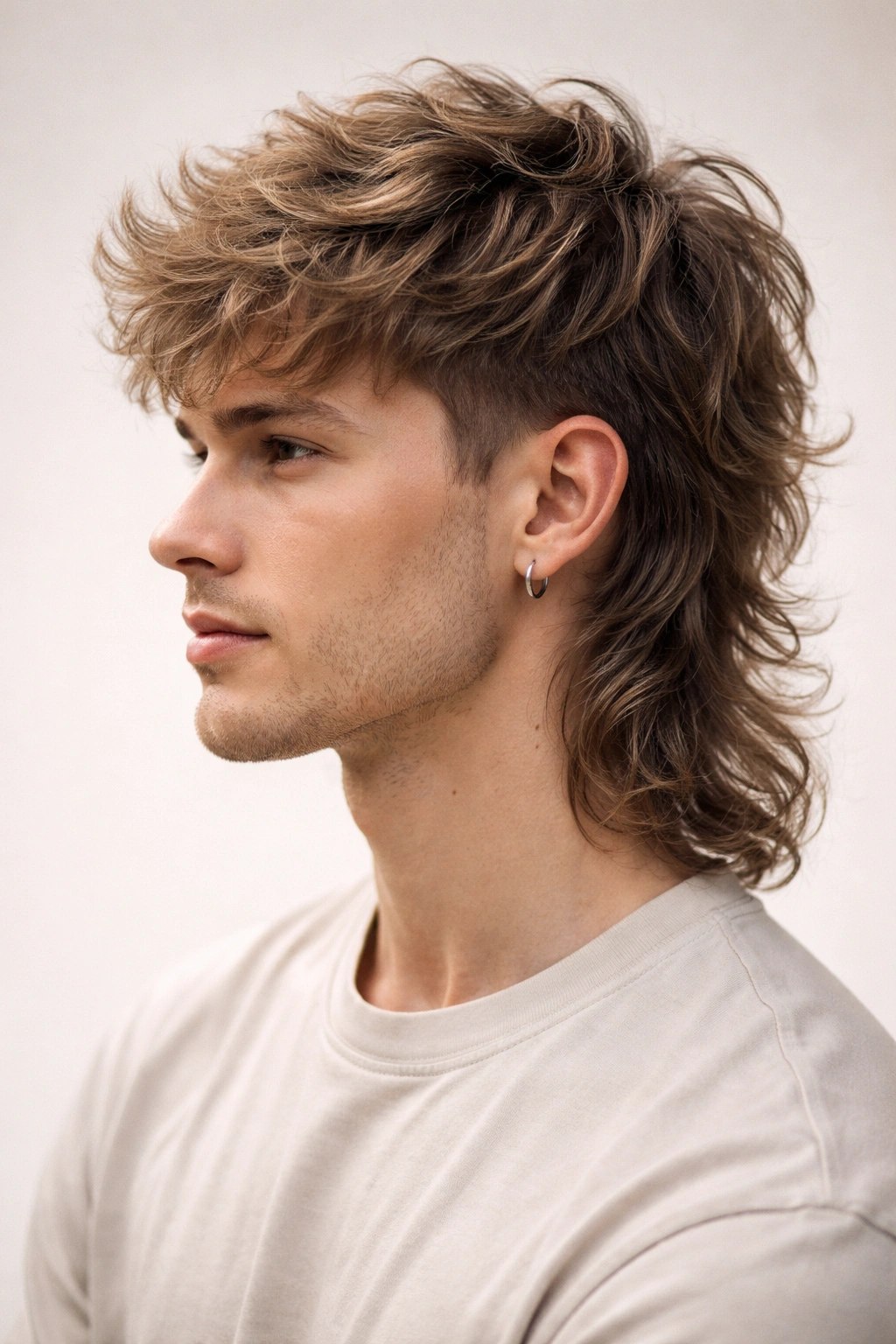 10 Fine Wavy Hairstyles For A Much Fuller Look 8 Three-quarter view of a textured wavy mullet showing short top and long back.