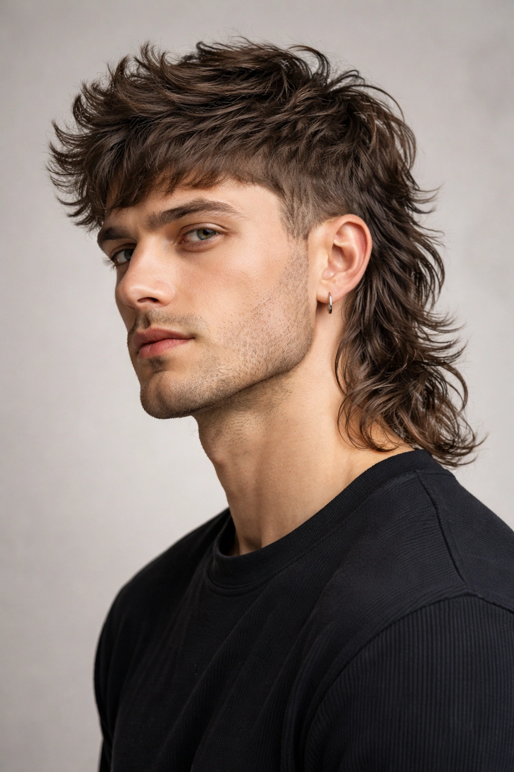 20 Wavy Haircuts For Every Length And Face Shape 13 Close up of modern wavy mullet with textured crown and flowing back in studio lighting