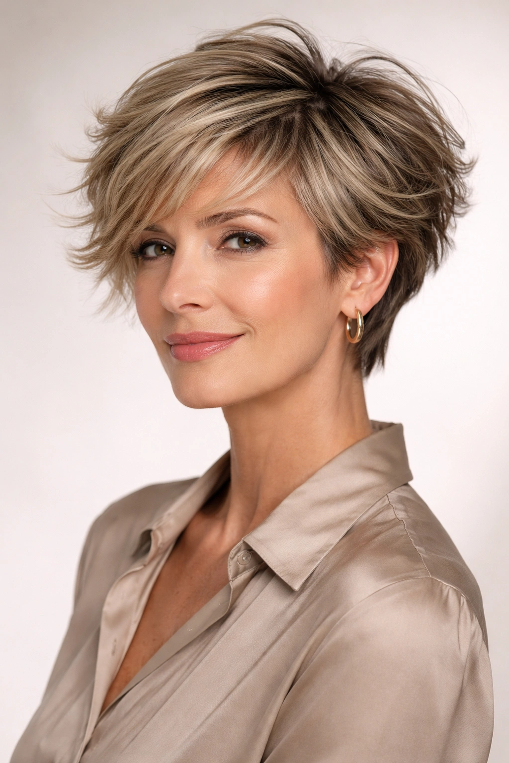 Wavy pixie-bob hybrid with longer top and shorter back in studio