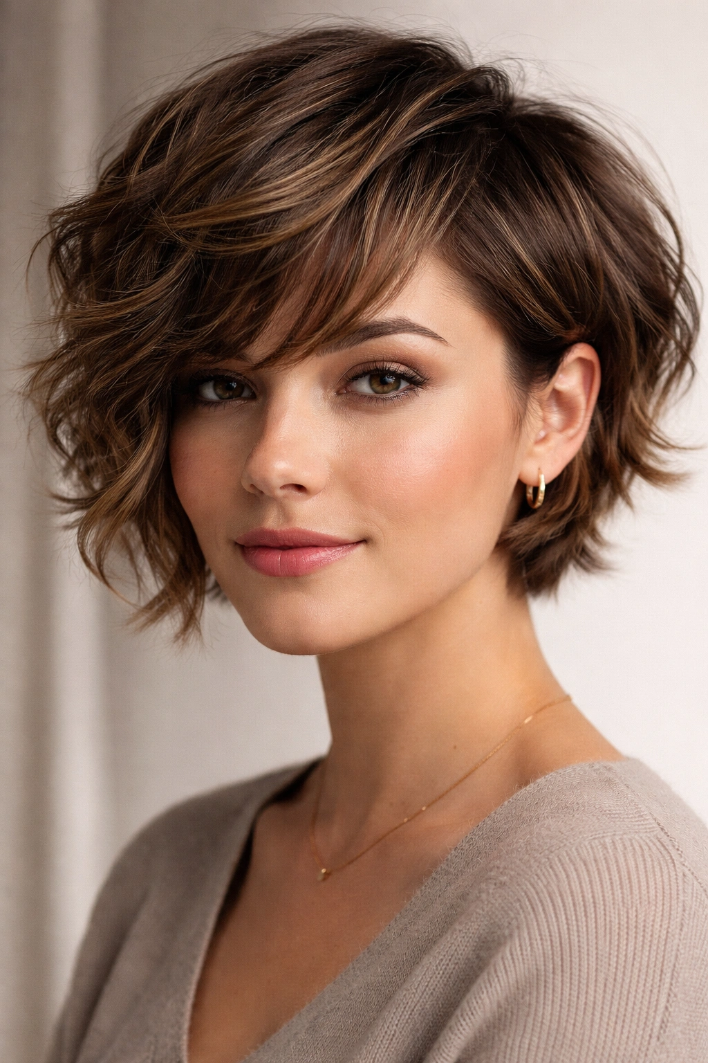 Portrait of a wavy pixie bob with soft waves