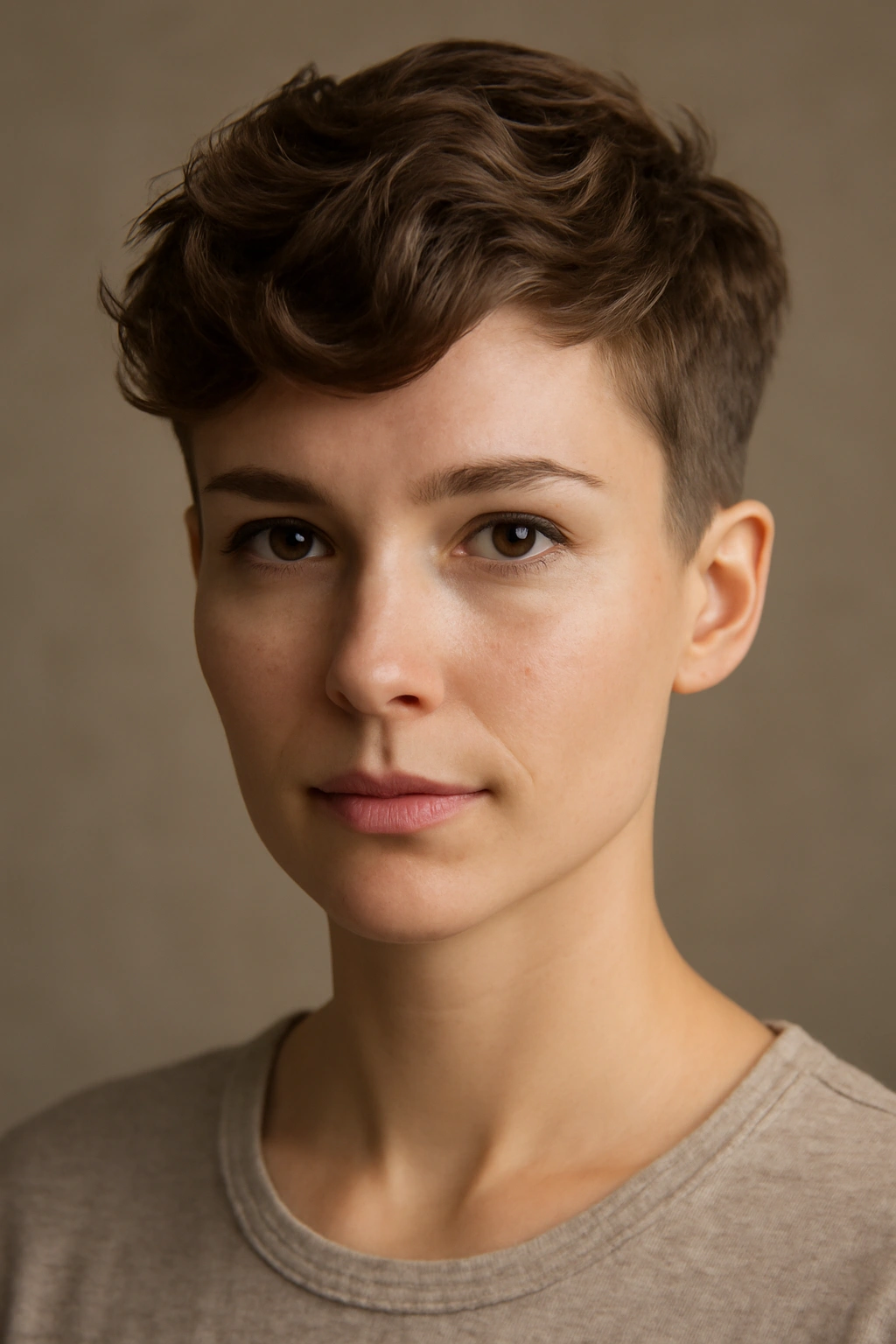 10 Quick Short Hairstyles for Busy Mornings 8 Portrait of a woman with a wavy pixie top and short sides