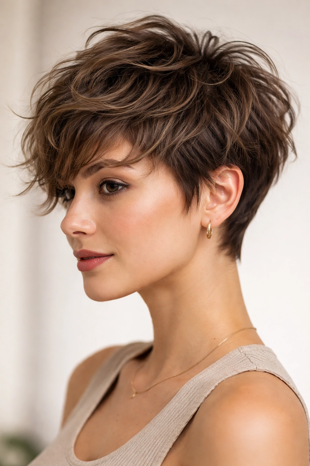 Wavy pixie shag with textured crown and short sides