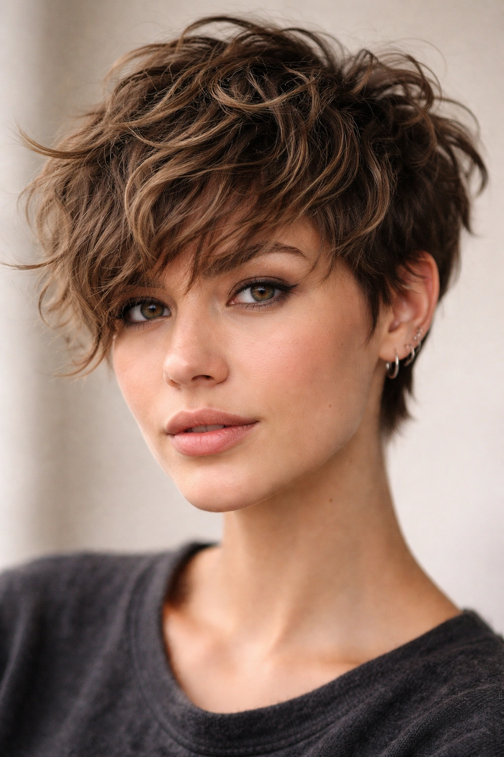15 Choppy Pixie Cuts Full Of Edge And Texture 7 Close-up of a wavy textured pixie cut with longer layered ends enhancing natural waves