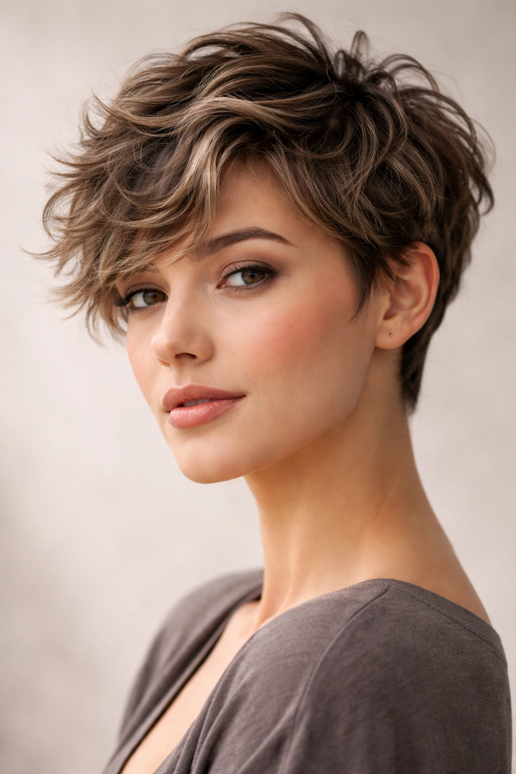 Close-up portrait of a person with a short wavy pixie cut showing textured layers