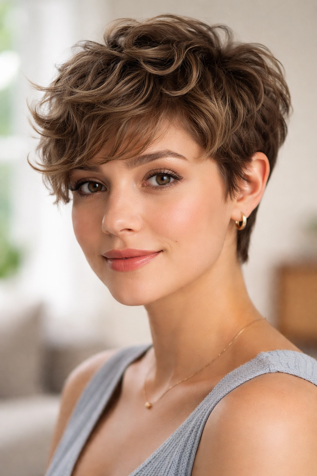 Model with wavy textured pixie showing natural movement