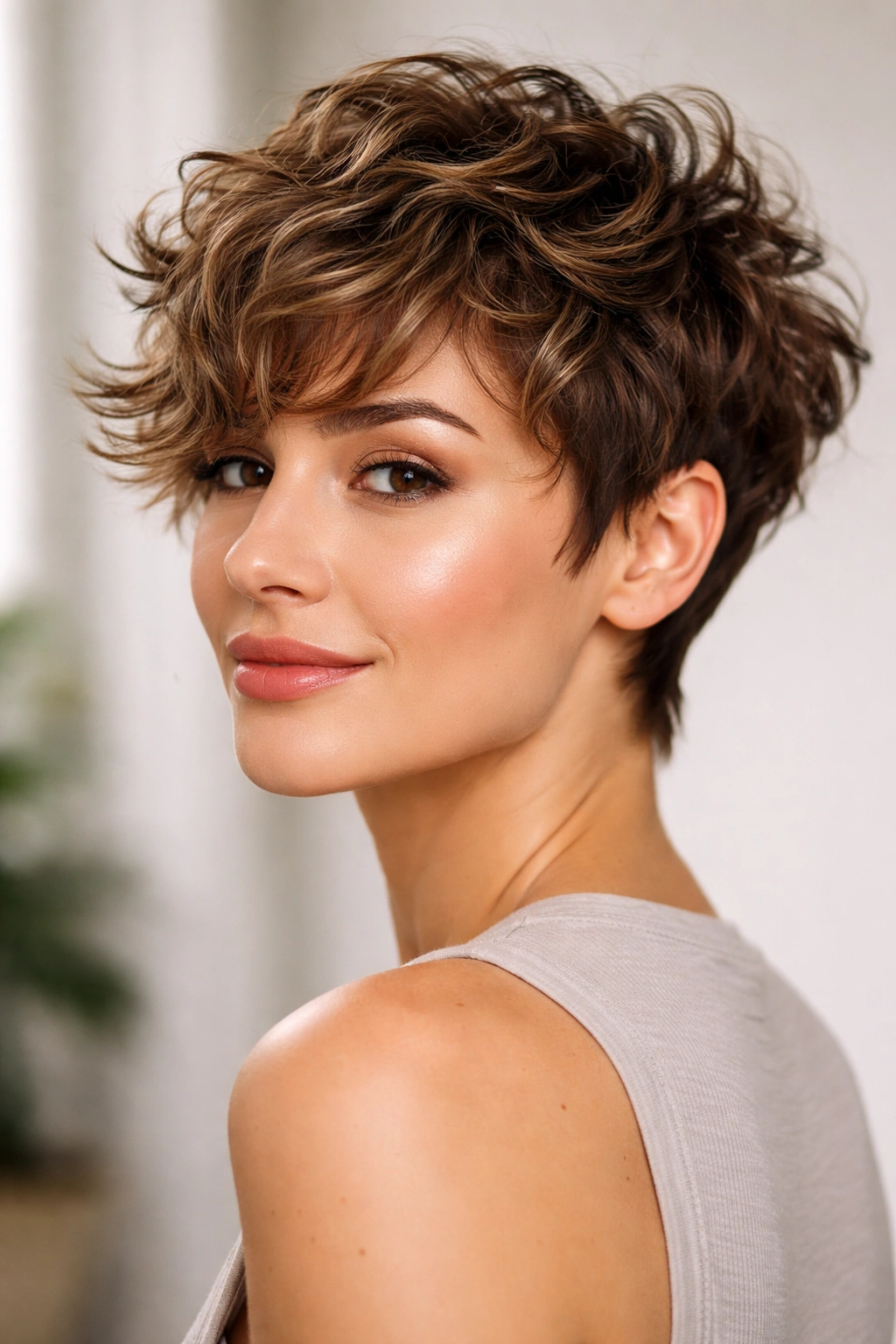 Wavy pixie with textured, tousled waves and natural movement