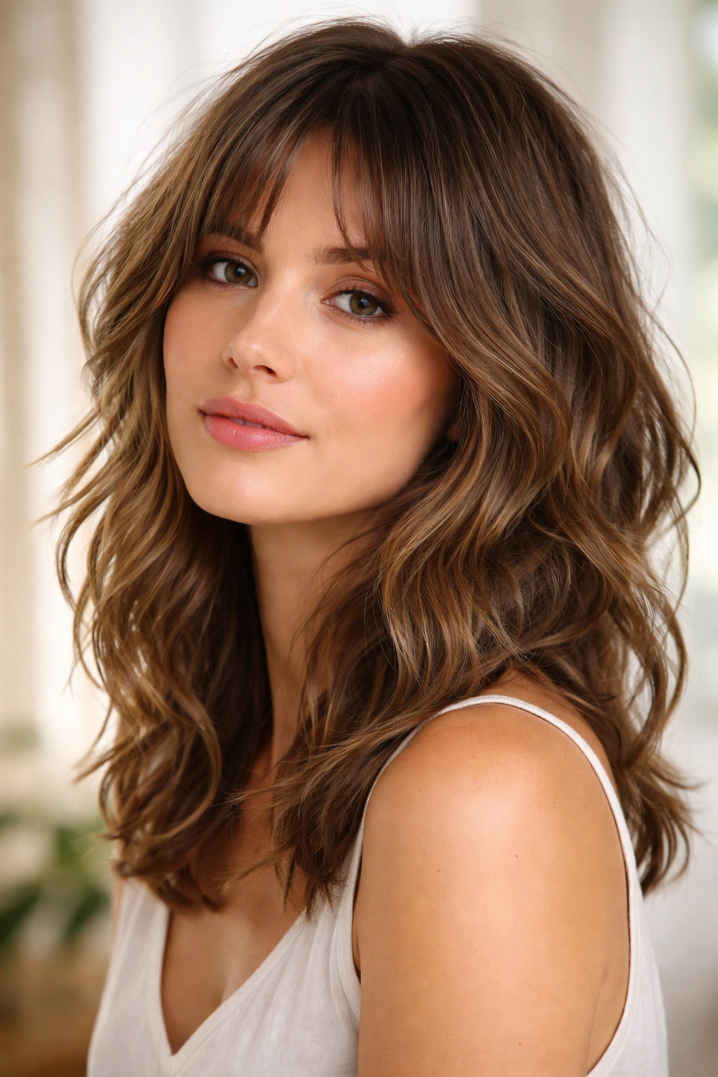 12 Low Maintenance Short Cuts You Can Air Dry 8 Profile view of a person with a wavy shag cut featuring face-framing layers and natural waves
