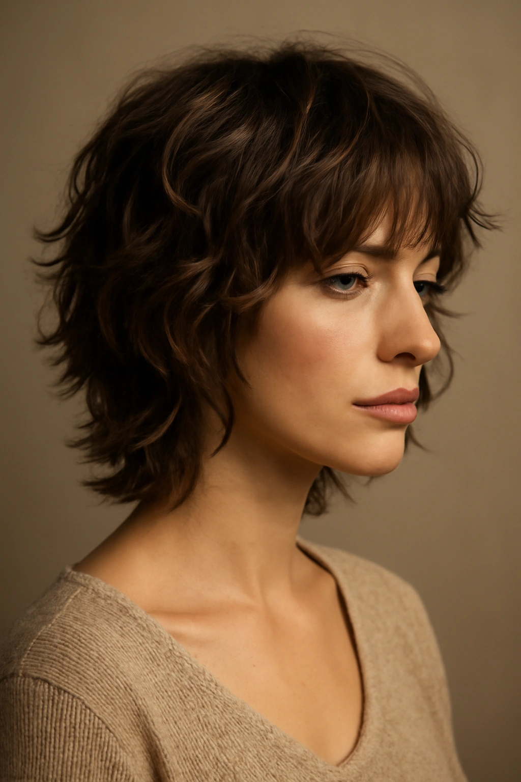25 Short Hairstyles That Will Instantly Upgrade Your Look 22 Three-quarter view of a wavy shag haircut with soft, flowing waves