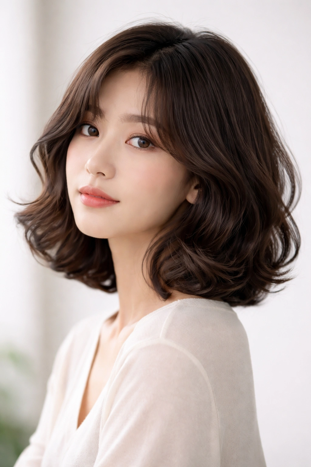 Portrait of a person with a wavy shoulder-length bob, soft waves and rounded silhouette.