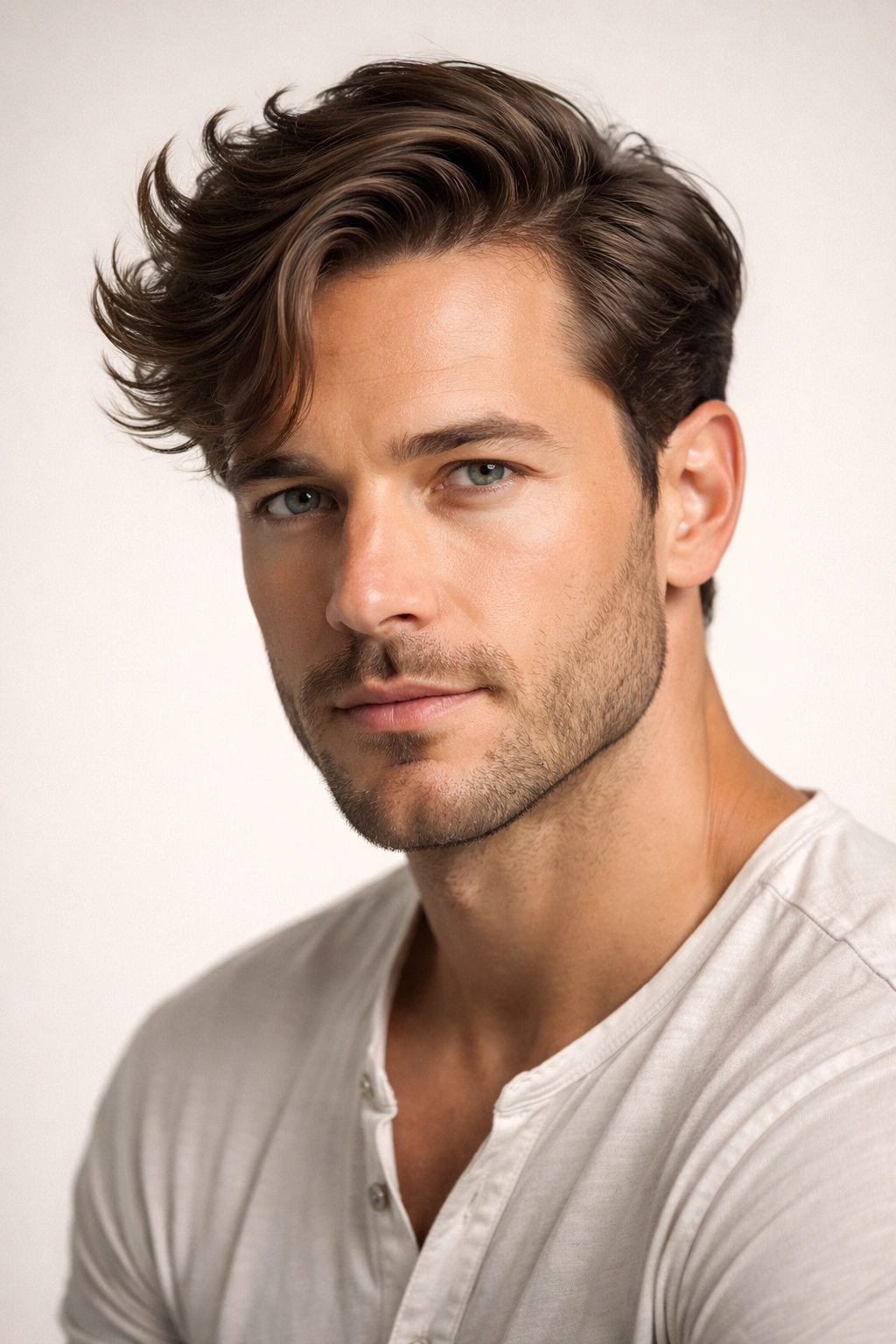 Portrait of a man with wavy hair swept to the side showing lift and texture