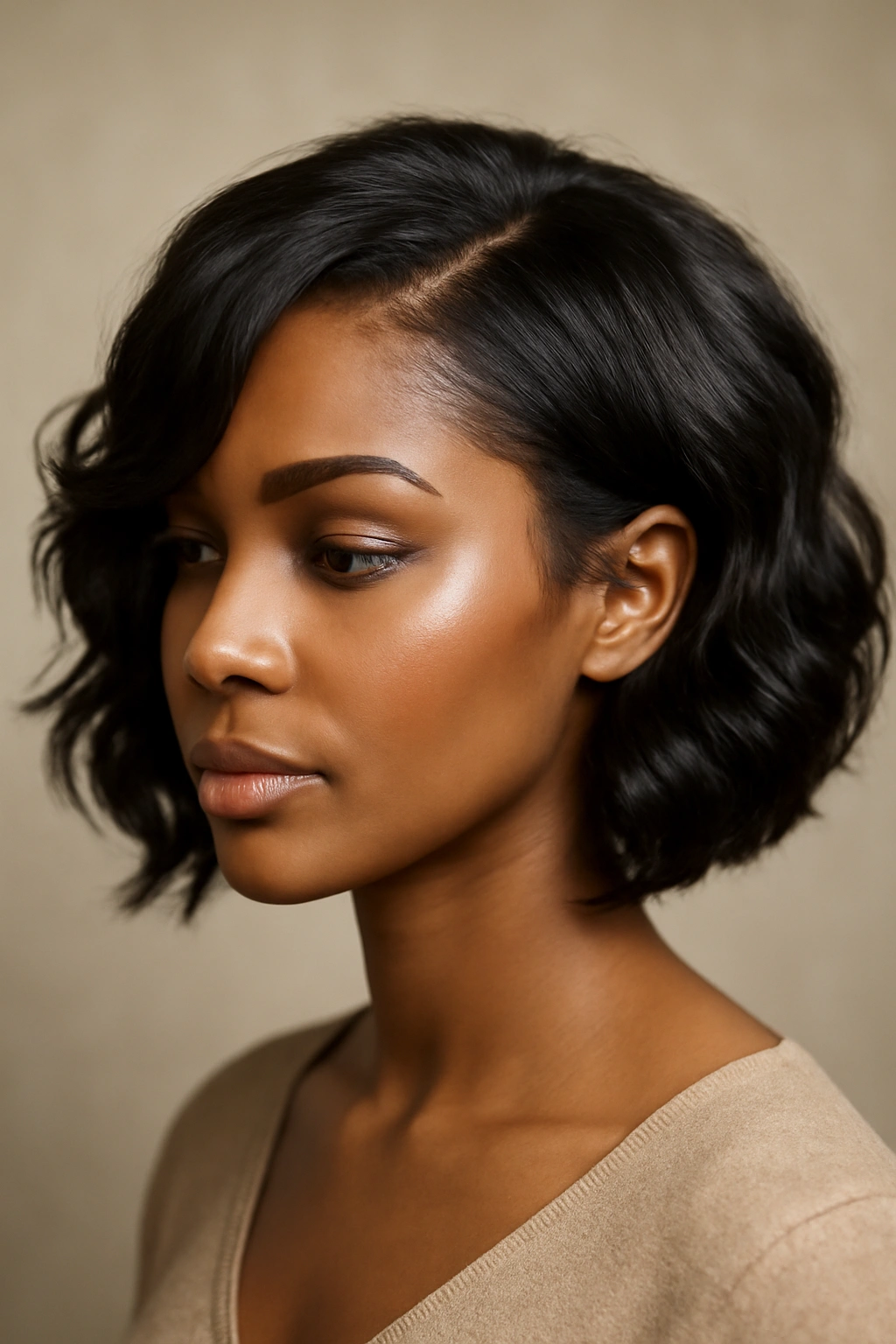 12 Short Weave Hairstyles Black Women Are Loving 5 Three-quarter view of a Black woman with a wavy side-swept bob.