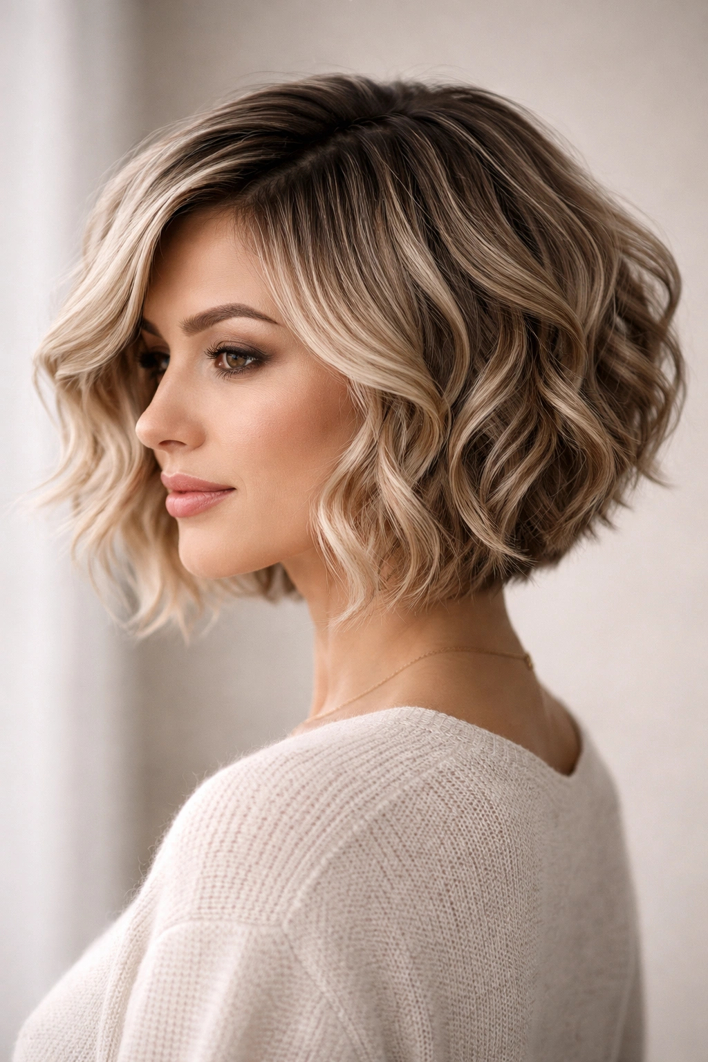 Wavy stacked bob with cascading waves and stacked back volume