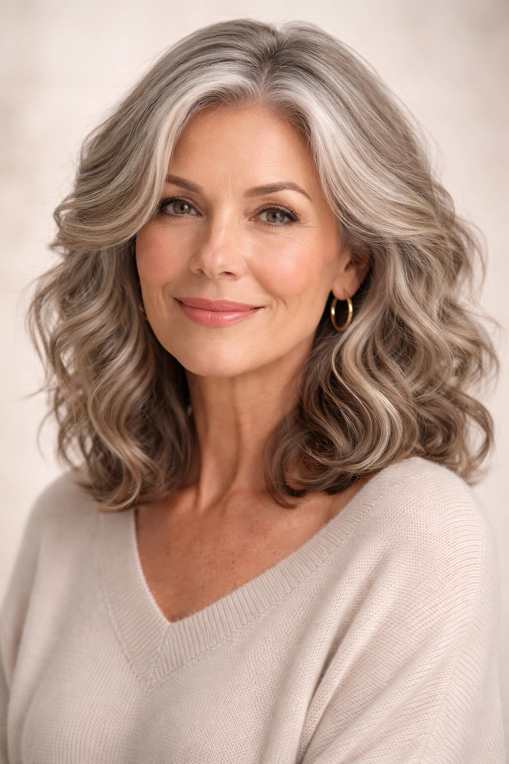 Mature woman with natural shoulder-length waves in studio lighting