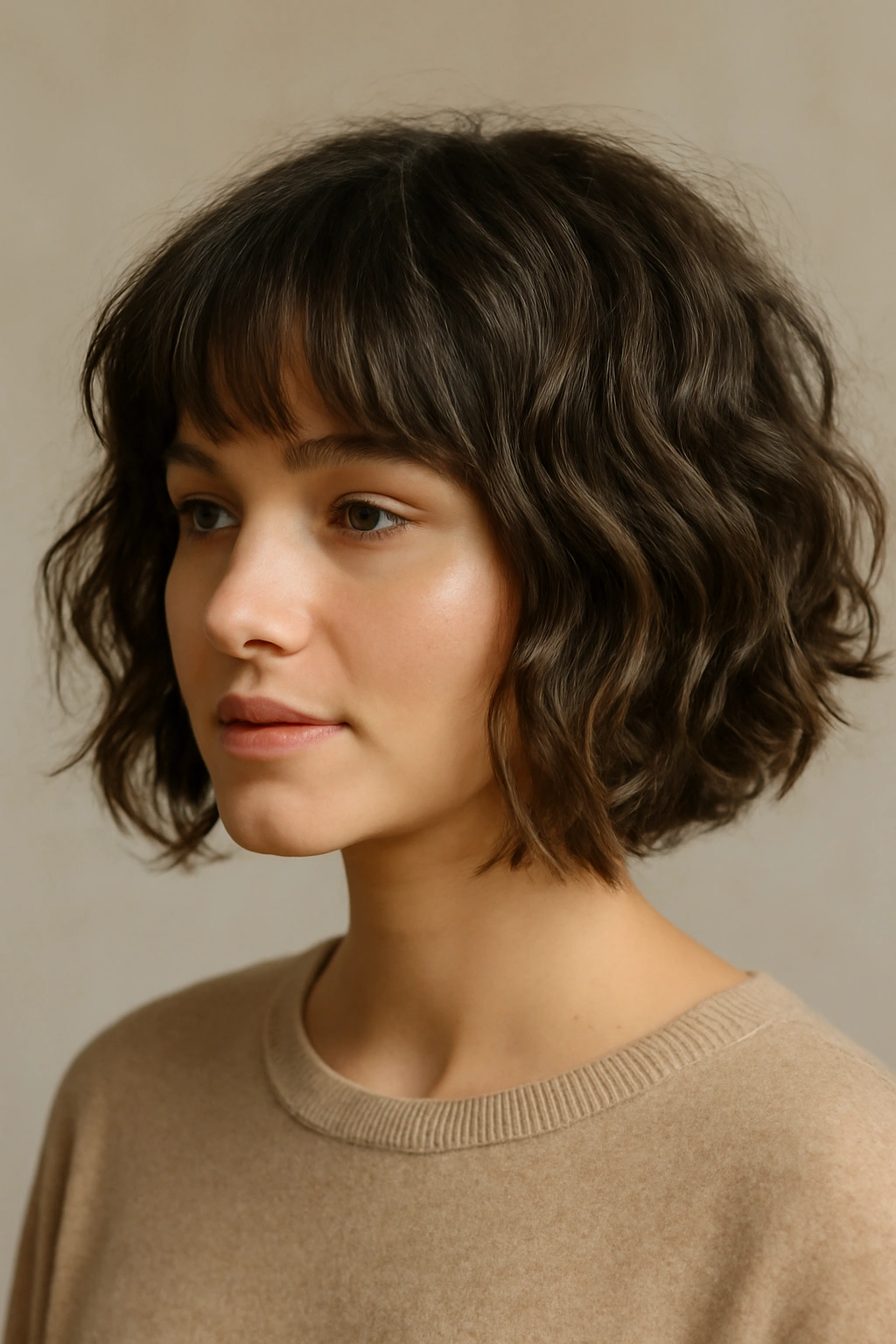 Portrait of a person with a wavy textured bob and bangs framing the face.