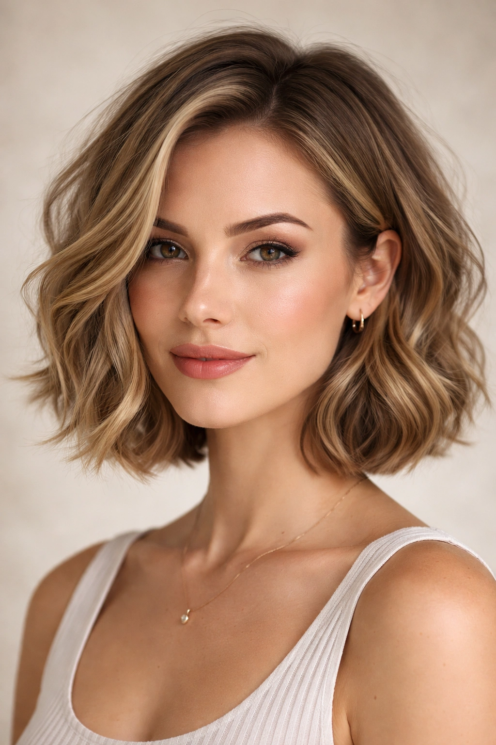 Head-and-shoulders shot of wavy textured bob on heart-shaped face