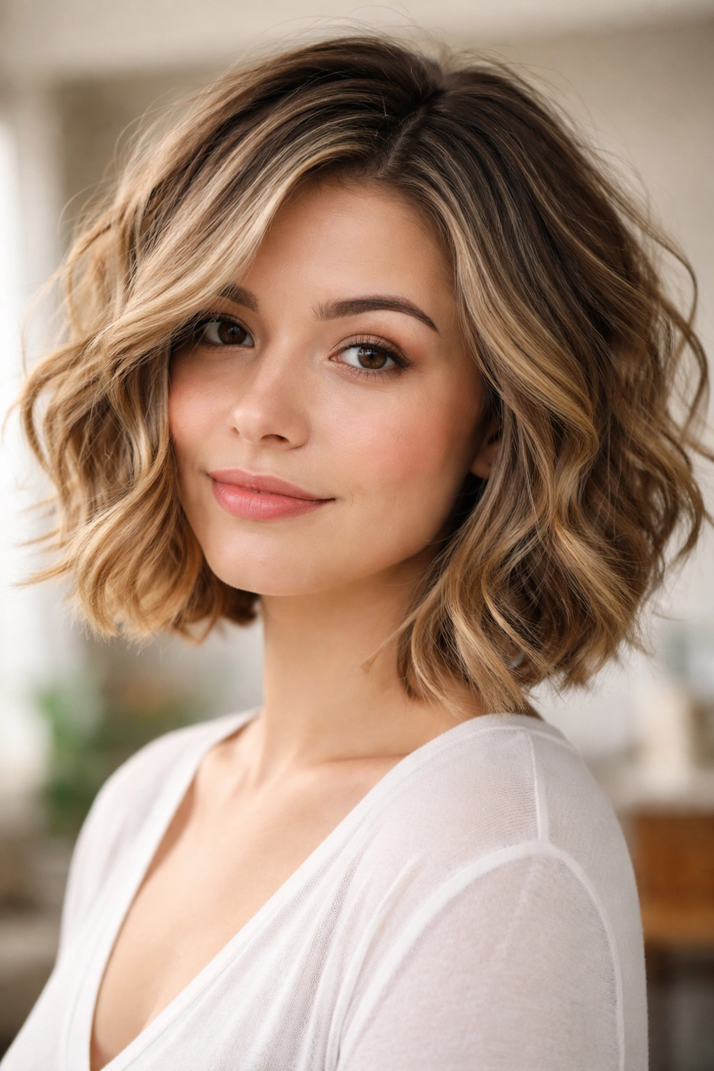 12 Chin Length Bobs That Suit Every Face Shape 9 Wavy textured bob on round face emphasizing movement