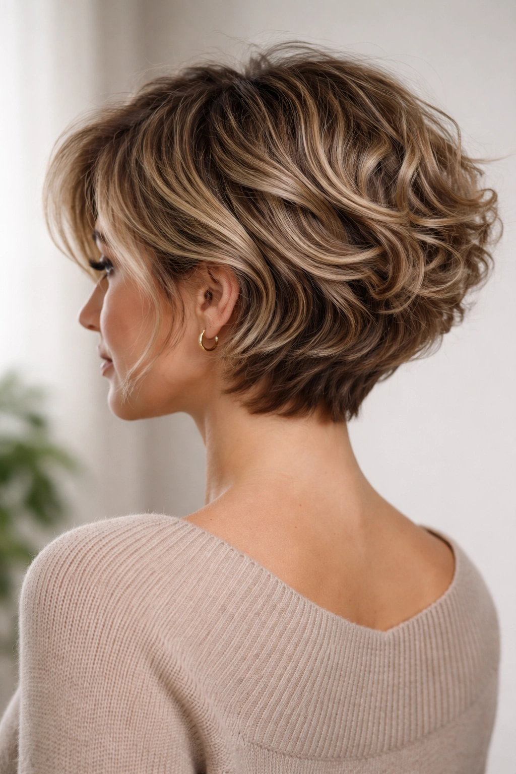 Portrait of a person with natural waves and a back-stack lift in a wavy textured bob
