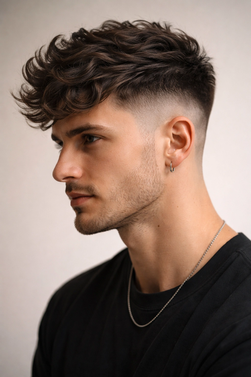 15 Wash And Wear Haircuts For Naturally Wavy Hair 13 Close-up of a person with a wavy top and shaved sides, highlighting the wavy undercut.