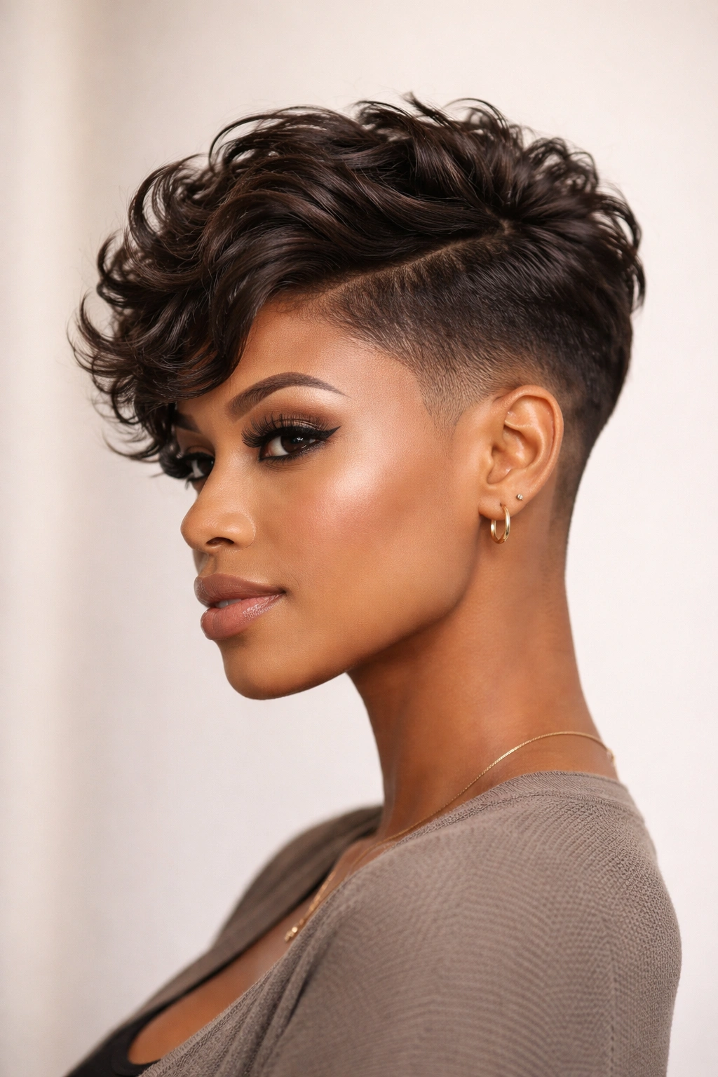 Portrait of a person with wavy top and undercut sides, highlighting contrast between textures