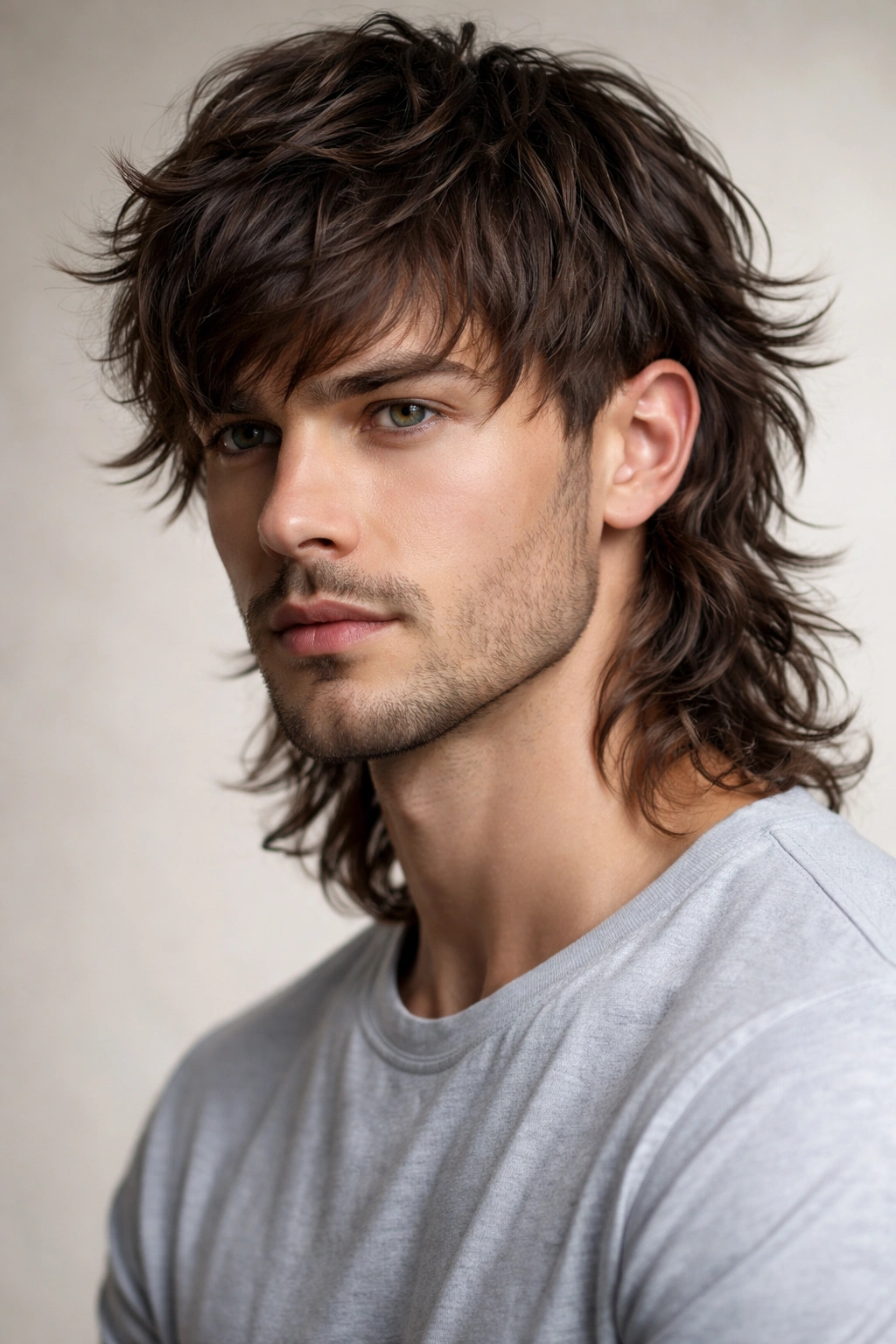 Portrait of a man with a Wavy Wolf Cut featuring textured layers