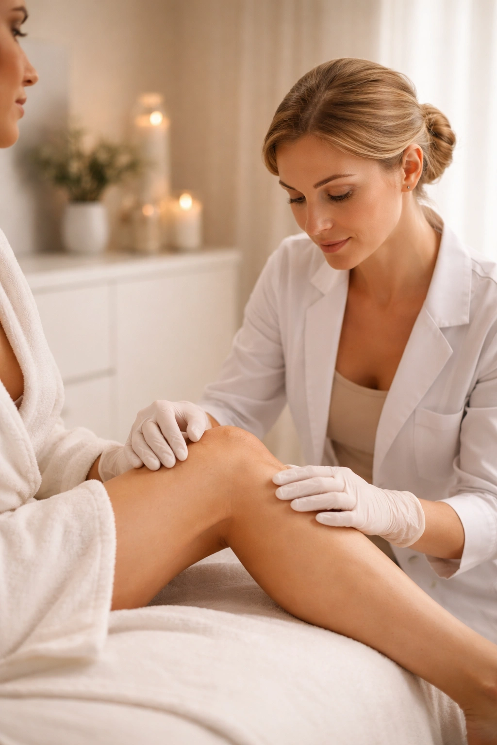 Esthetician evaluating client's skin and hair length for waxing consultation