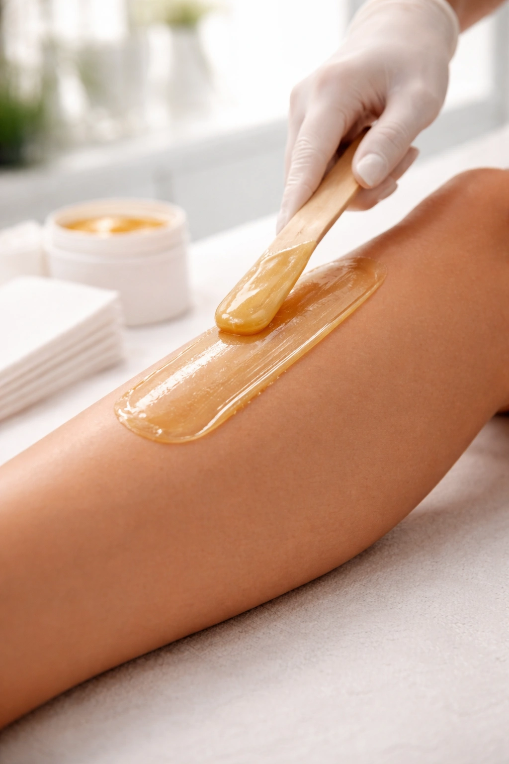 Close-up of wax being applied to skin for waxing in a salon
