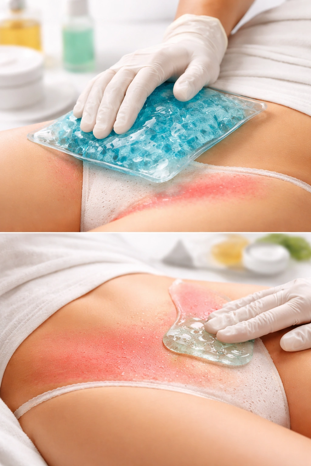 Close-up of irritated bikini-area skin with soothing compress