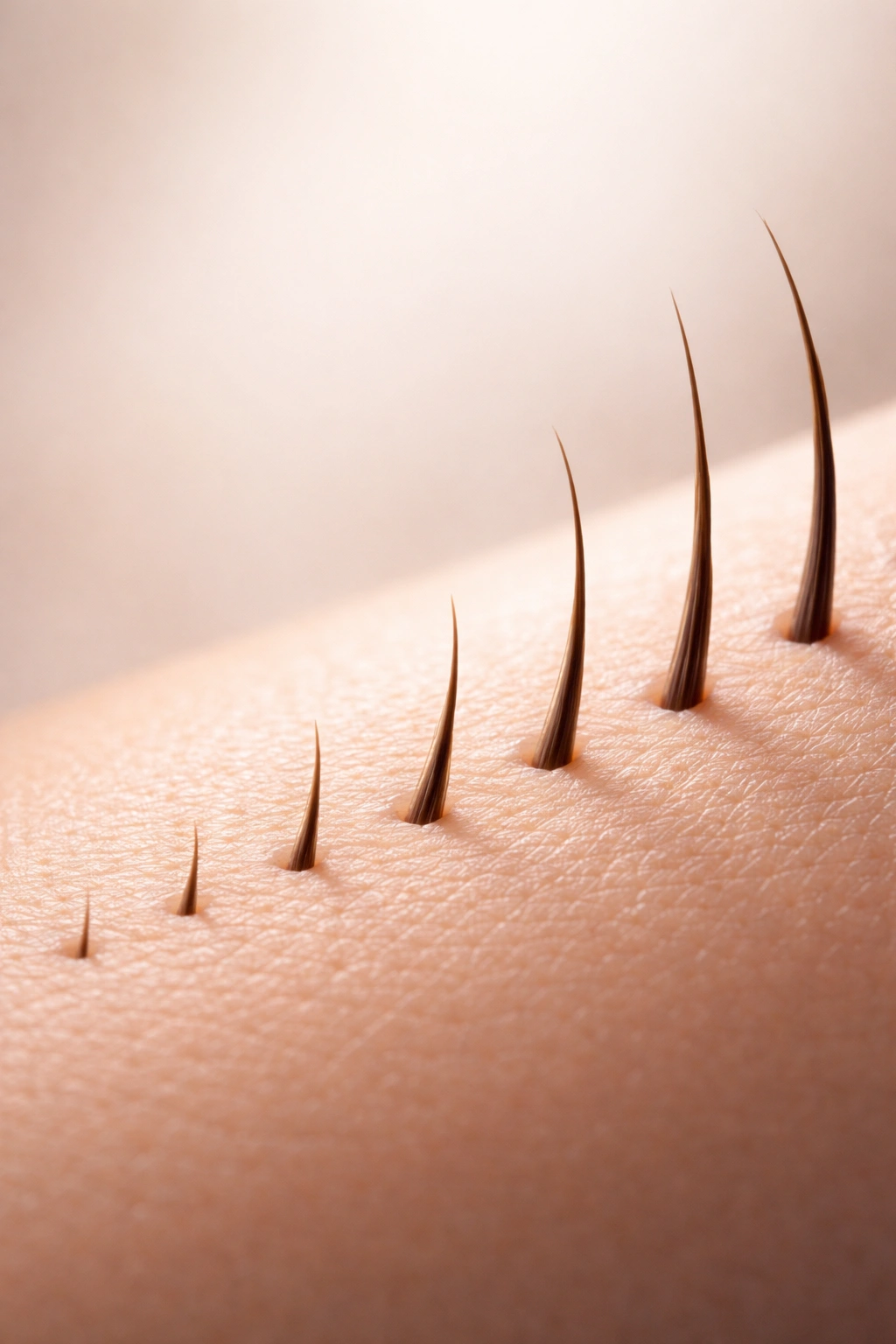 Skin with hairs at different lengths arranged to imply waxing schedule and regrowth cycles