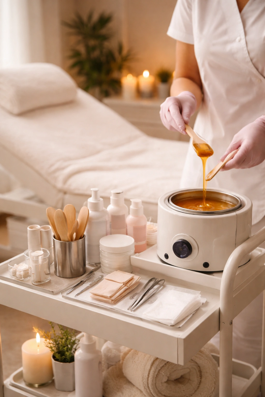 Waxing appointment scene in a calm spa with a treatment chair and wax tools in warm lighting