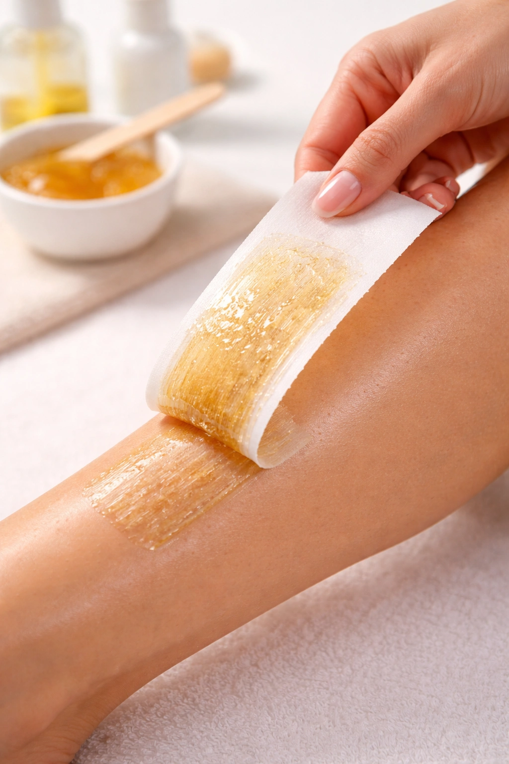 Waxing strip removing hair from leg in a salon-style close-up