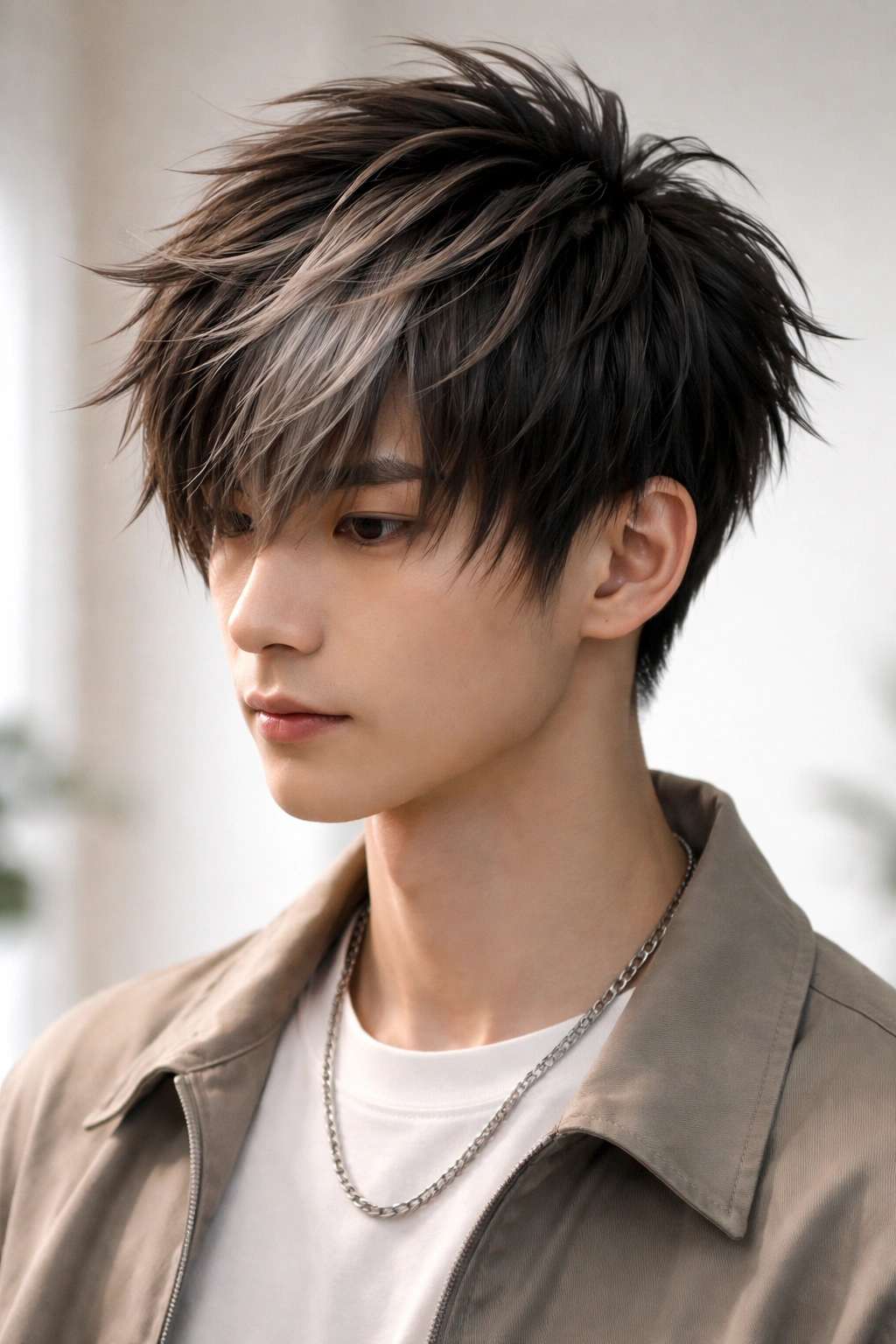 Portrait of a person with a wearable anime-inspired haircut in a real-world setting