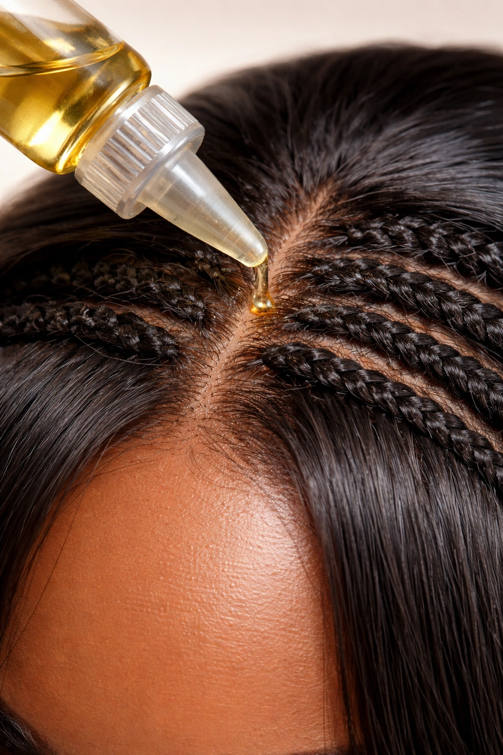 Close-up of scalp with weave and oil being applied via nozzle bottle