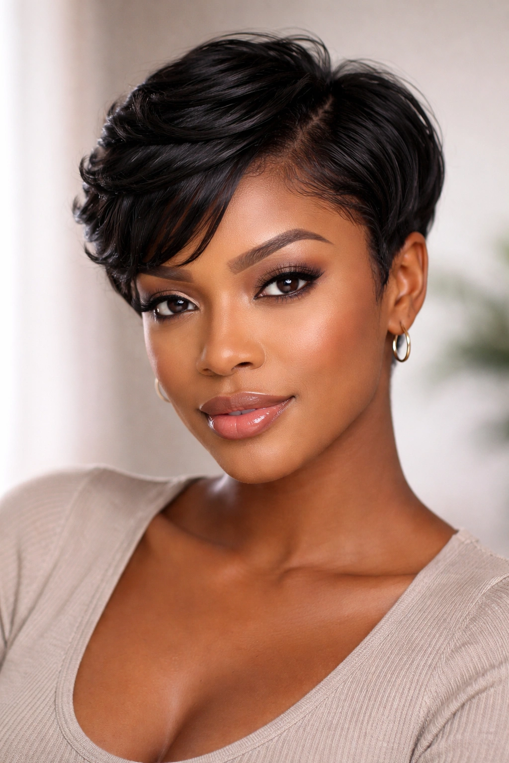 Head wearing a short weave with clean, defined edges and natural blend.