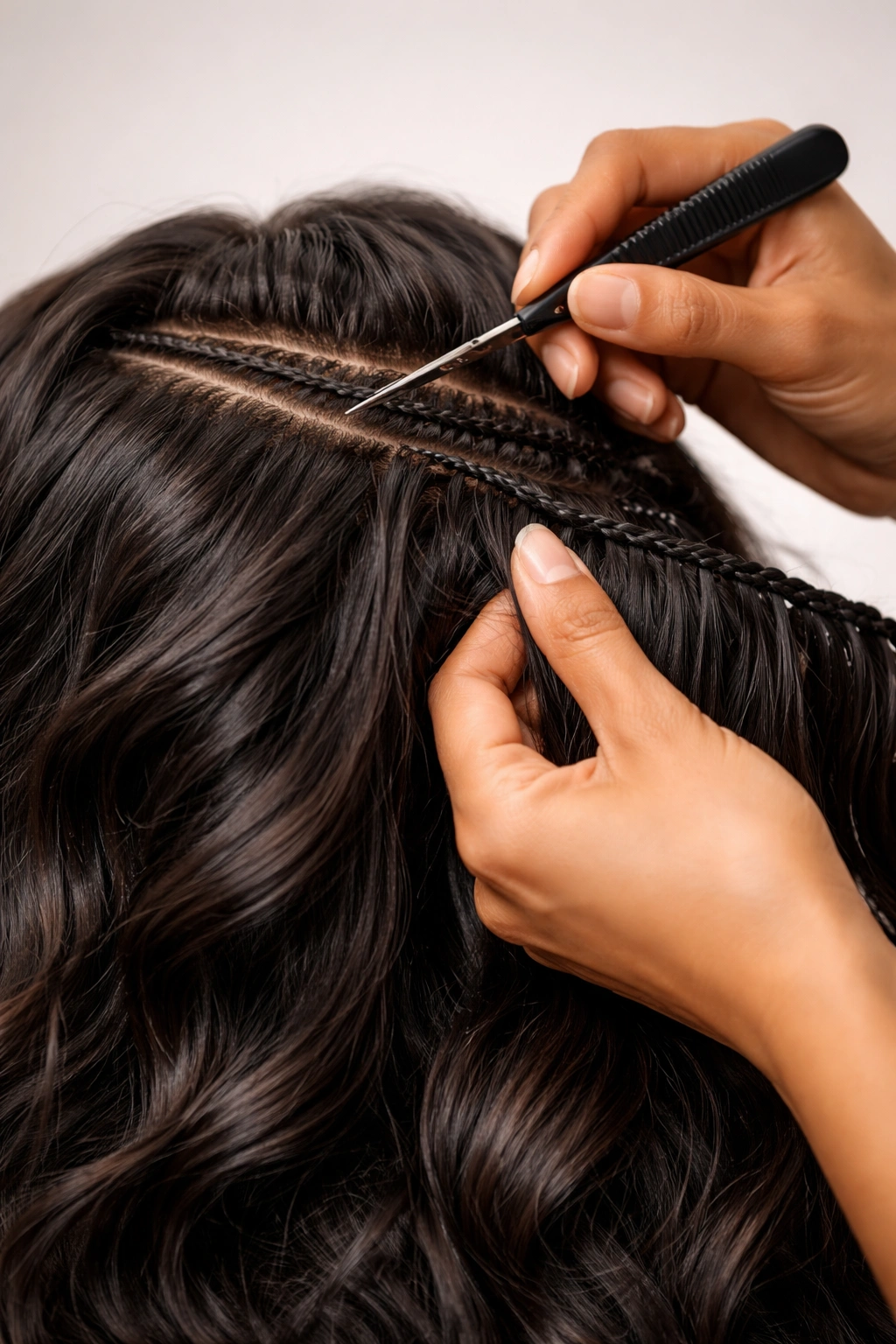 Professional removing a weave from a head with a comb