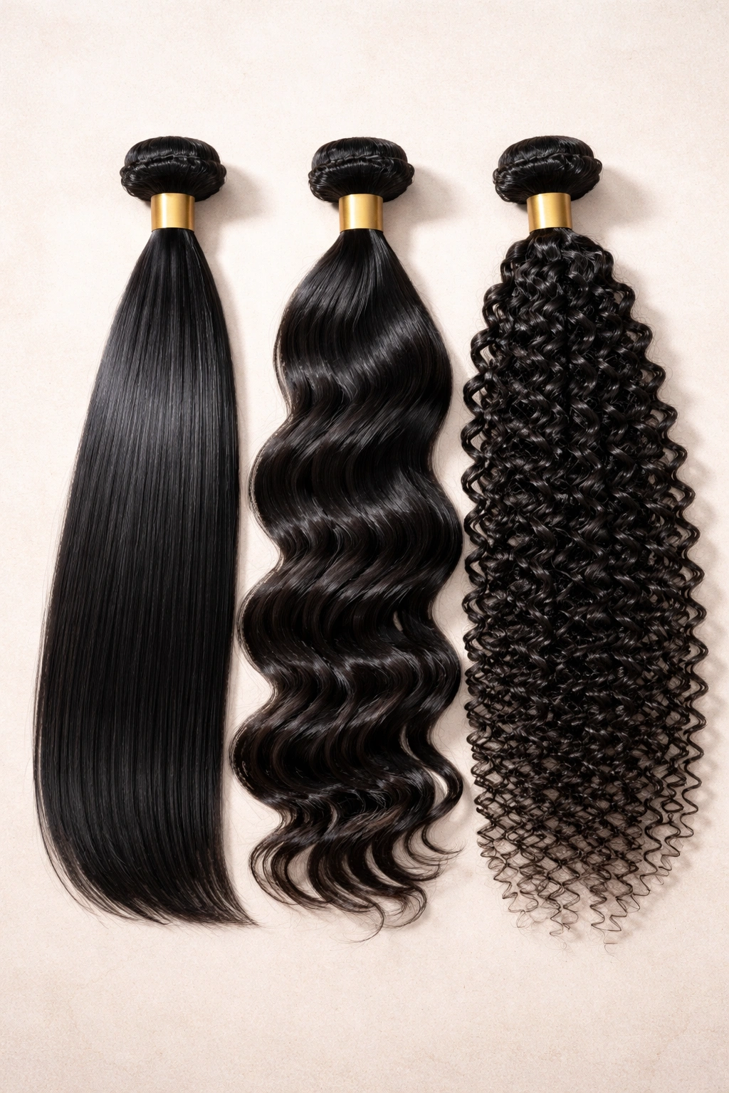 Three hair weave textures: straight, wavy, and curly.