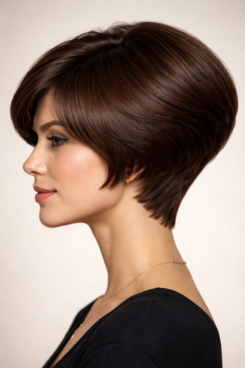 Side-profile of wedge haircut showing steep angled layers and triangular silhouette