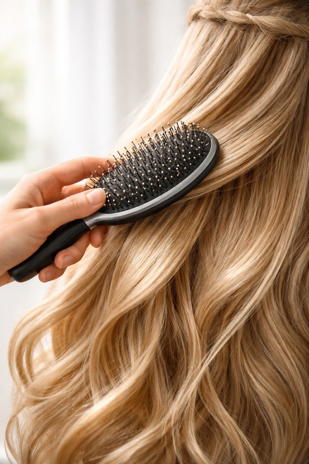 Hand detangling long hair extensions with a loop brush