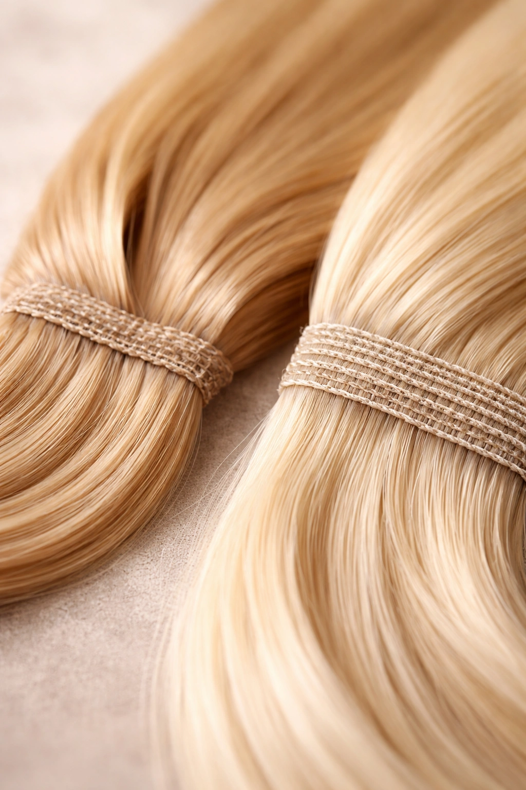 Side-by-side view of hand-tied and machine wefts showing different weave textures
