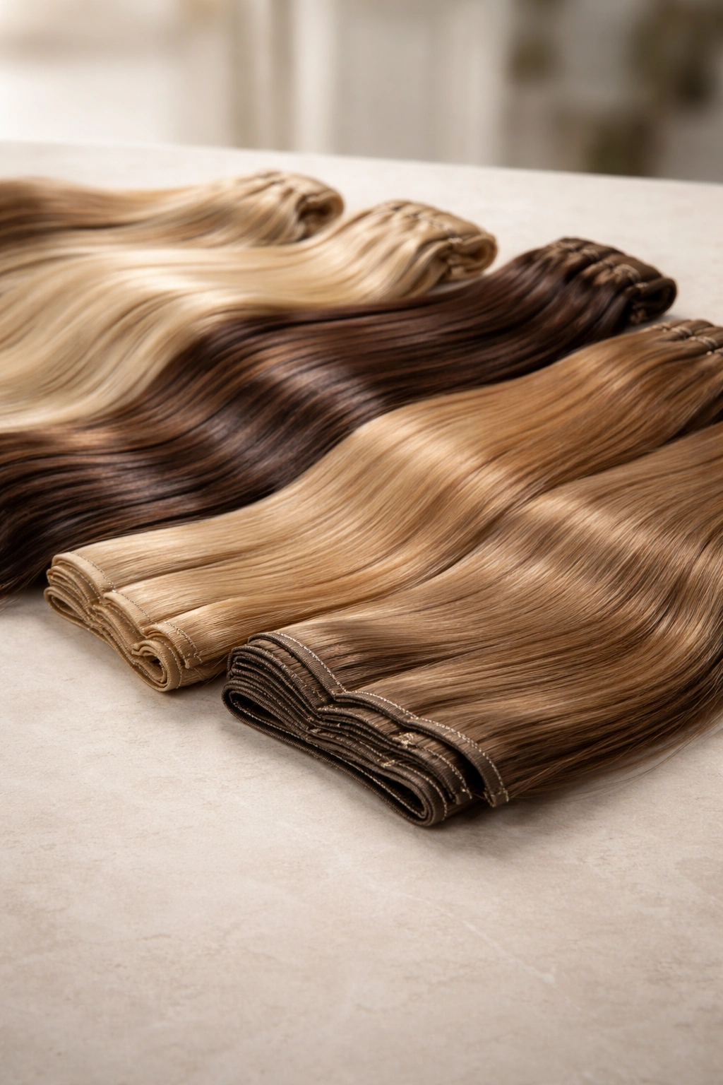 Premium Remy wefts displayed to imply cost differences